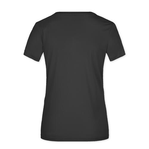 Zwart polyester dames-t-shirt met korte mouwen.