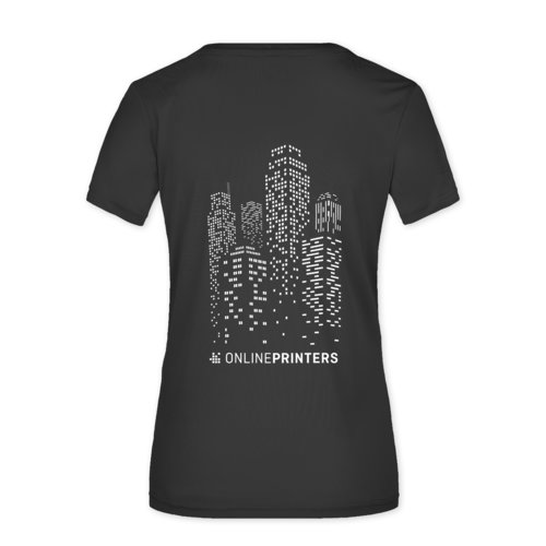 Zwart polyester dames T-shirt met korte mouwen.