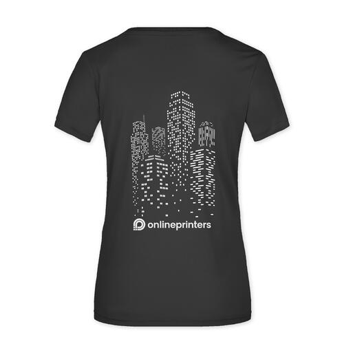 Zwart polyester dames T-shirt met korte mouwen.