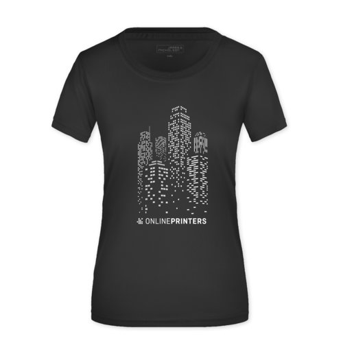 Zwart polyester dames T-shirt met korte mouwen.