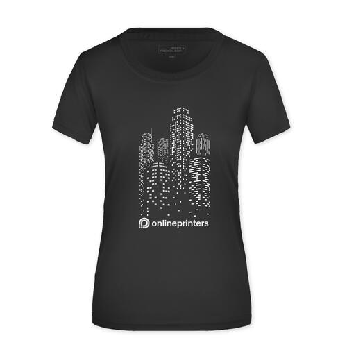 Zwart polyester dames T-shirt met korte mouwen.