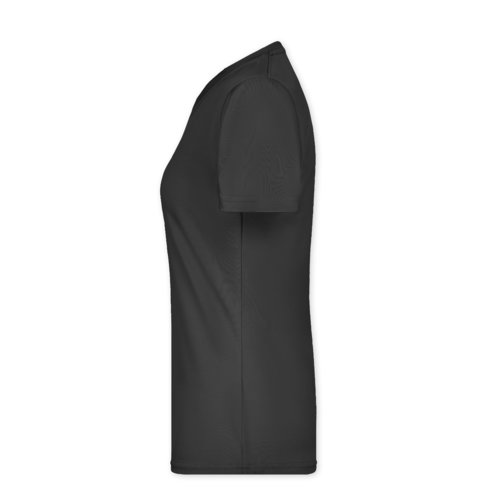 Zwart polyester T-shirt voor dames met korte mouwen.