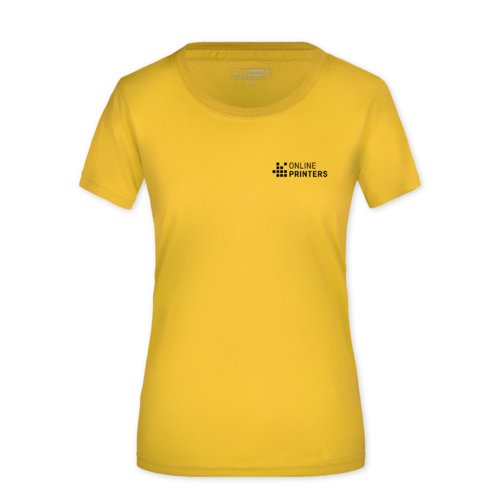 Geel polyester T-shirt voor dames met korte mouwen.