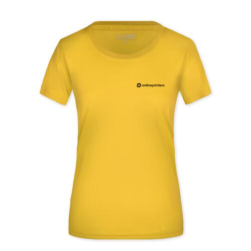 Geel polyester T-shirt voor dames met korte mouwen.