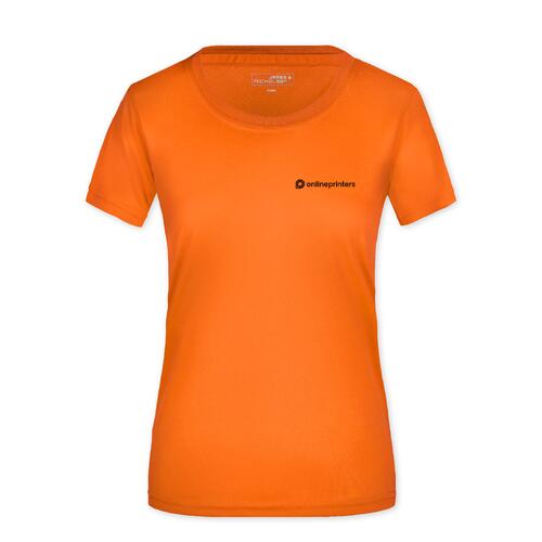 Oranje polyester dames T-shirt met korte mouwen.