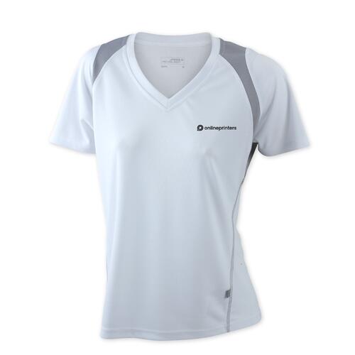 Wit dames hardloopshirt van polyester met V-hals.