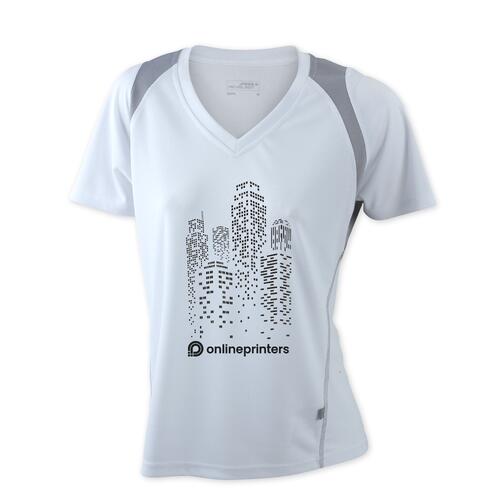 Wit polyester hardloopshirt voor dames met V-hals en korte mouwen.