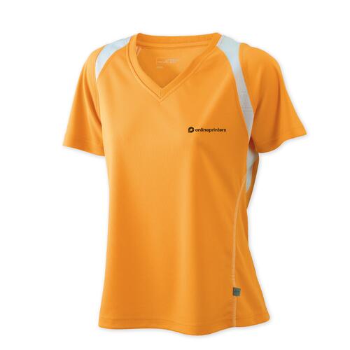 Oranje polyester hardloopshirt voor dames met V-hals.