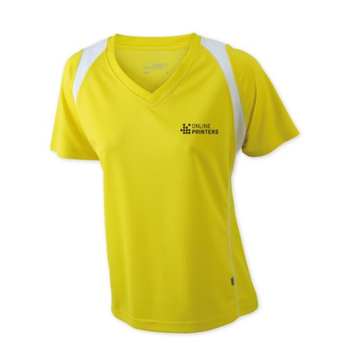 Geel dames hardloopshirt van polyester met V-hals en korte mouwen.