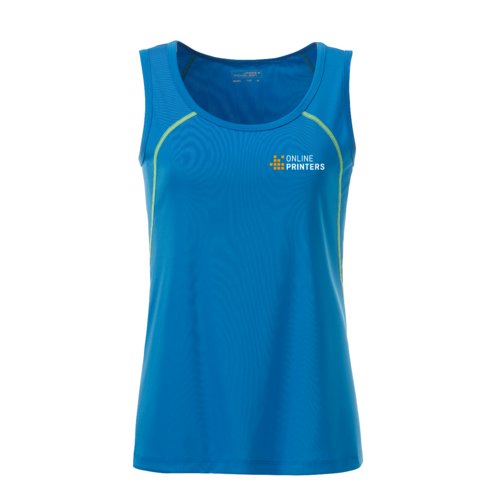Blauw en neongeel polyester sporttanktop voor dames.