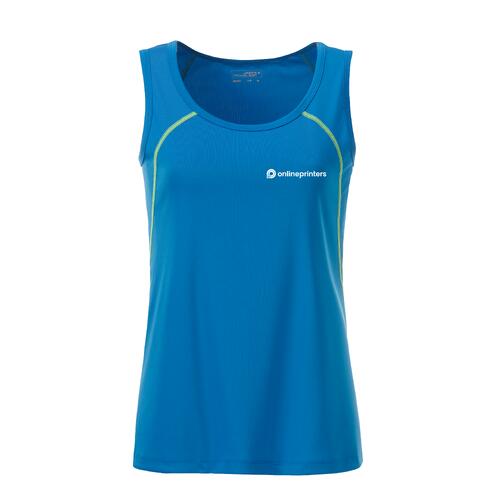 Blauw en neongeel polyester sporttanktop voor dames.