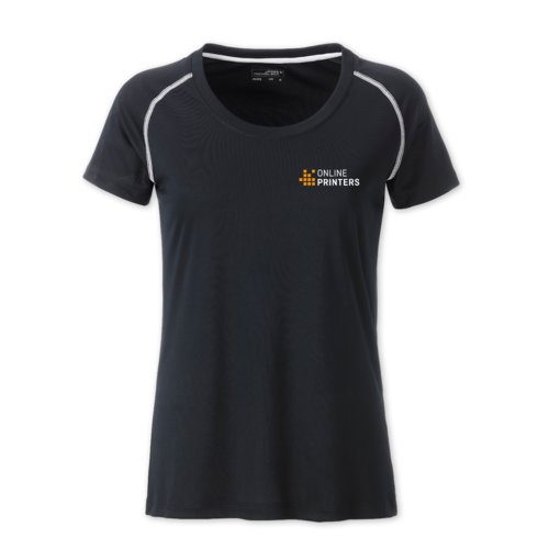 Donker stoffen sport T-shirt voor dames met korte mouwen.