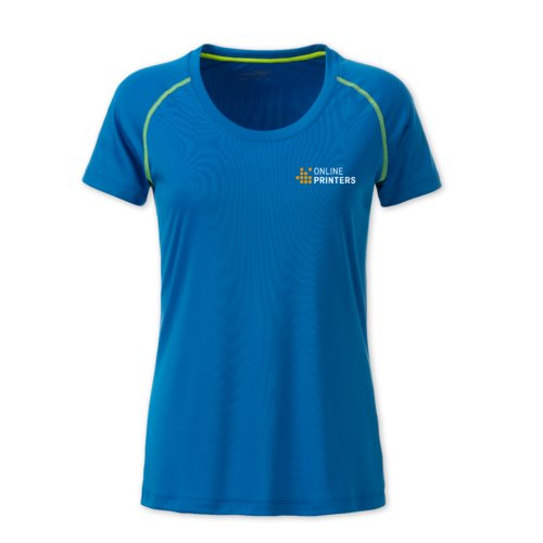 Blauw polyester dames T-shirt met korte mouwen.