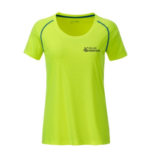 Neon geel/blauw polyester dames T-shirt met korte mouwen.
