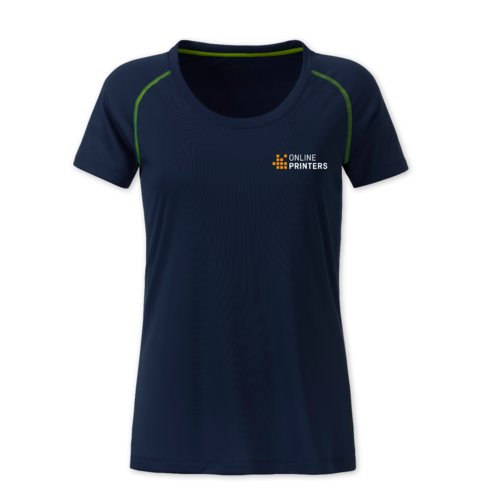 Marineblauw/neongeel dames-T-shirt van polyester.