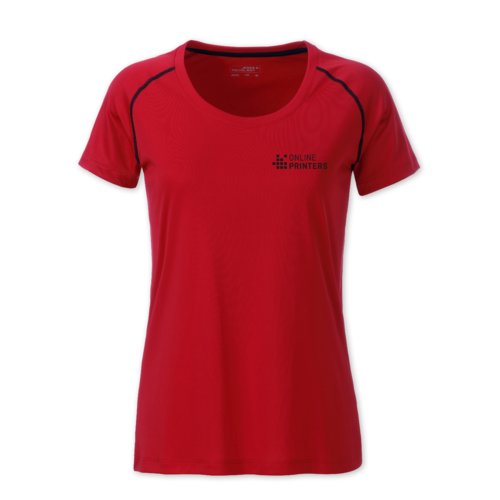 Rood polyester dames T-shirt met korte mouwen.