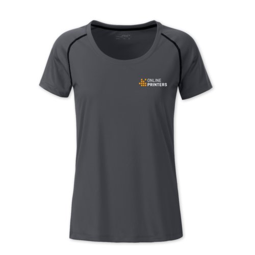 Donkergrijs polyester T-shirt voor dames met korte mouwen.