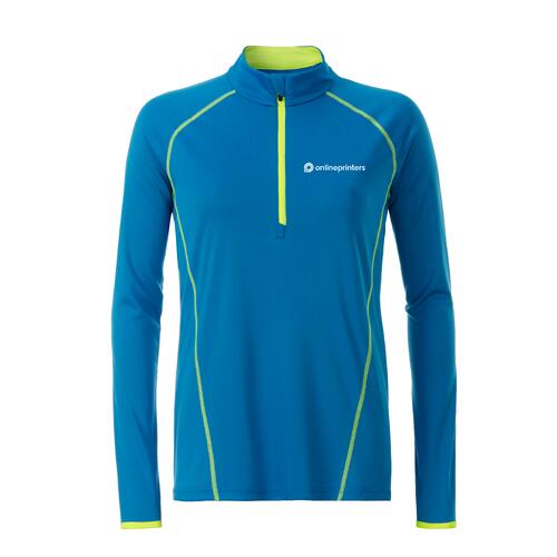 Blauw en neongeel polyester shirt met lange mouwen en korte ritssluiting.