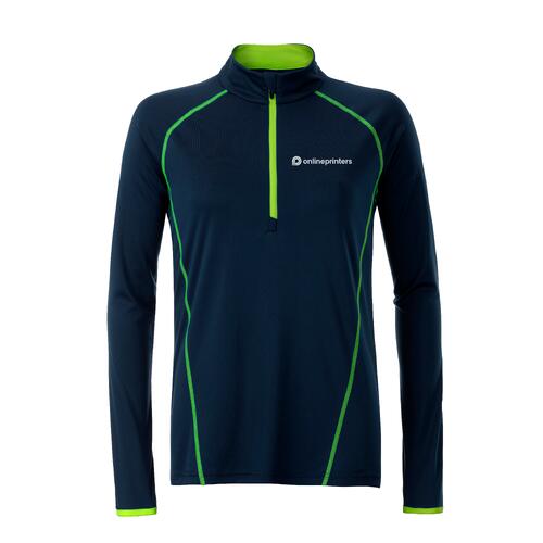 Marineblauwe polyester longsleeve met ritssluiting.
