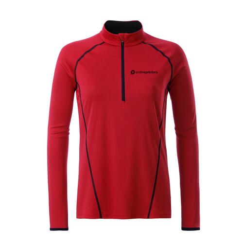Rood polyester shirt met lange mouwen en korte rits voor dames.