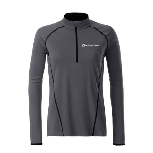 Donkergrijs polyester shirt met lange mouwen en korte ritssluiting.