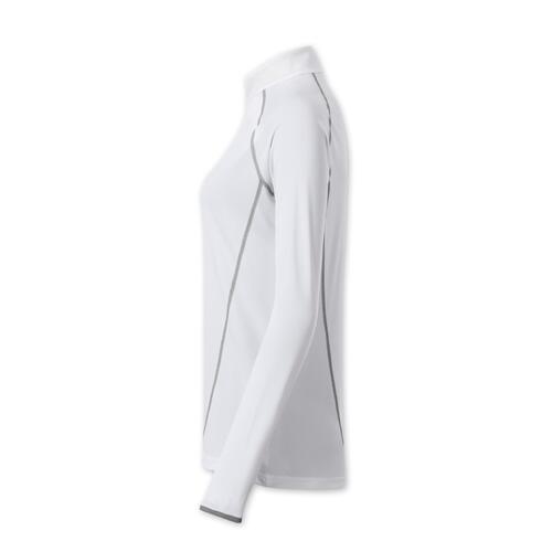 Wit polyester shirt met lange mouwen en opstaande kraag.