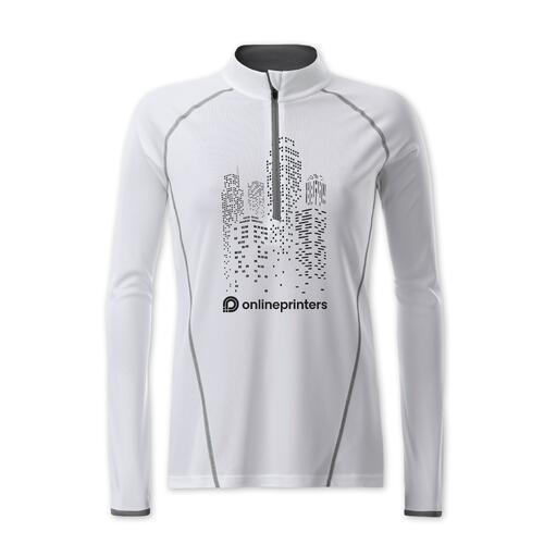 Wit polyester shirt met lange mouwen en ritssluiting.