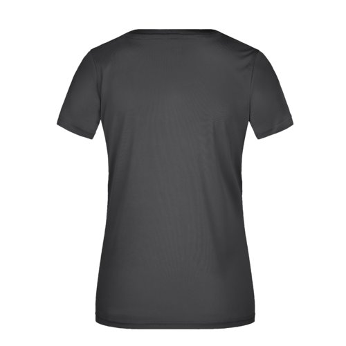Zwart polyester T-shirt met V-hals en korte mouwen.