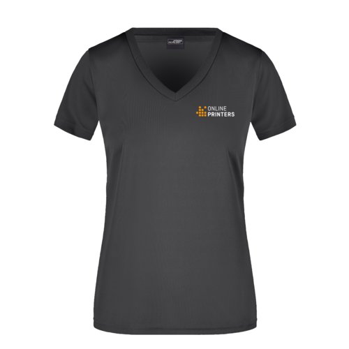 Zwart polyester V-hals shirt voor dames.