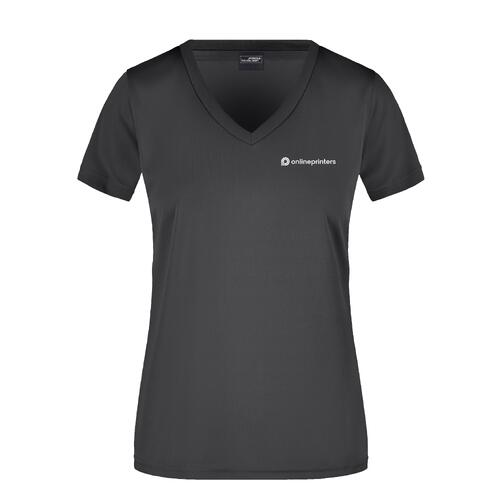 Zwart polyester V-hals shirt voor dames.