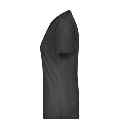 Zwart polyester dames T-shirt met V-hals en korte mouwen.