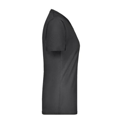 Zwart polyester dames T-shirt met V-hals en korte mouwen.