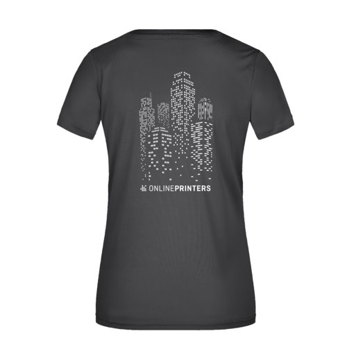 Zwart polyester dames T-shirt met V-hals.