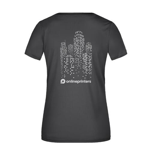 Zwart polyester dames T-shirt met V-hals.