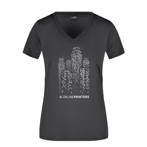 Zwart polyester dames T-shirt met V-hals.