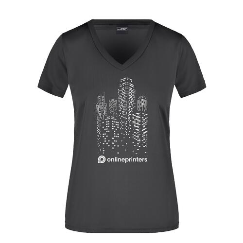 Zwart polyester dames T-shirt met V-hals.
