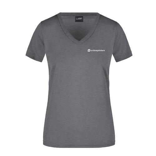 Donkergrijs gem�leerd polyester T-shirt met V-hals voor dames.