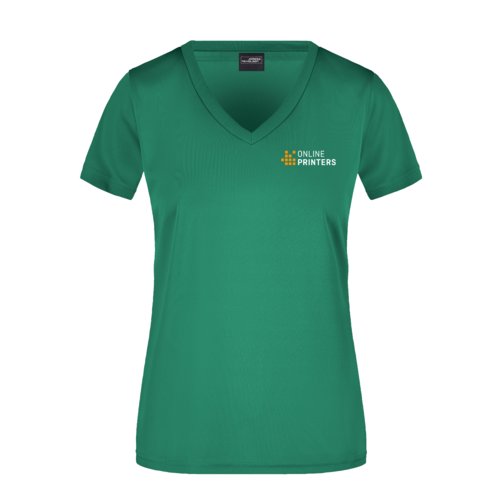 Groen functioneel shirt voor dames met V-hals en korte mouwen.