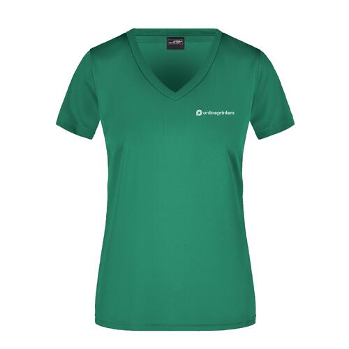 Groen functioneel shirt voor dames met V-hals en korte mouwen.