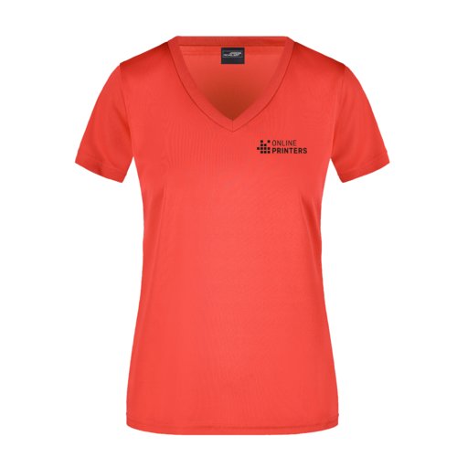 Rood polyester dames T-shirt met V-hals en korte mouwen.
