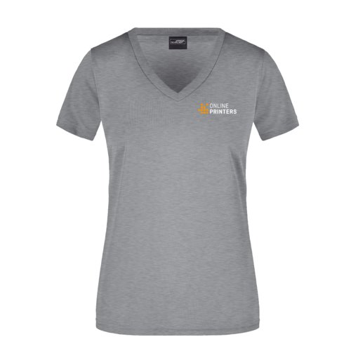 Grijs gemleerd polyester shirt met V-hals voor dames.
