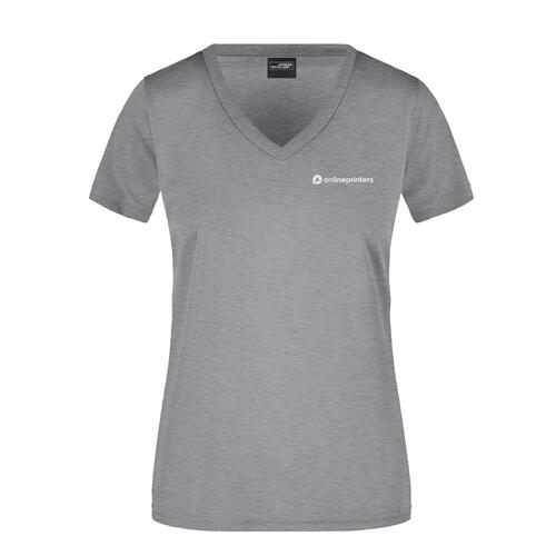 Grijs gem�leerd polyester shirt met V-hals voor dames.