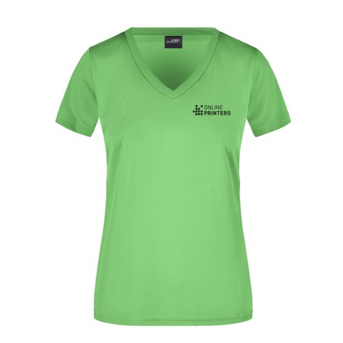Appelgroen polyester T-shirt met V-hals voor dames.
