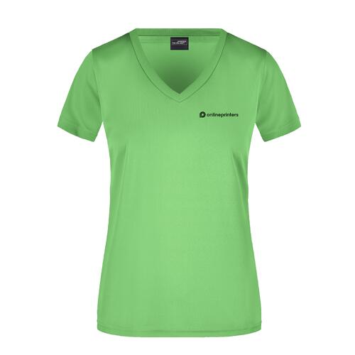 Appelgroen polyester T-shirt met V-hals voor dames.