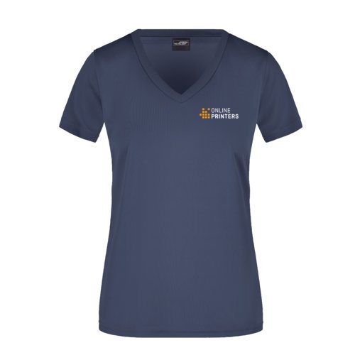 Zwartblauwe polyester dames T-shirt met V-hals.