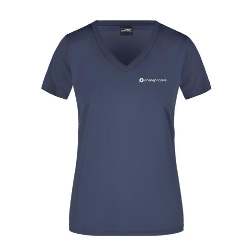Zwartblauwe polyester dames T-shirt met V-hals.