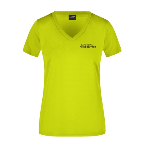 Neon geel polyester T-shirt met V-hals voor dames.