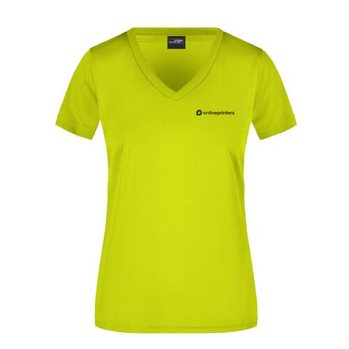 Neon geel polyester T-shirt met V-hals voor dames.