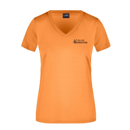 Oranje polyester T-shirt met V-hals voor dames.