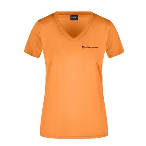 Oranje polyester T-shirt met V-hals voor dames.